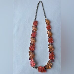 Vintage Silver Tone Molded Frosted Pink Peach Lucite Leaf Necklace
